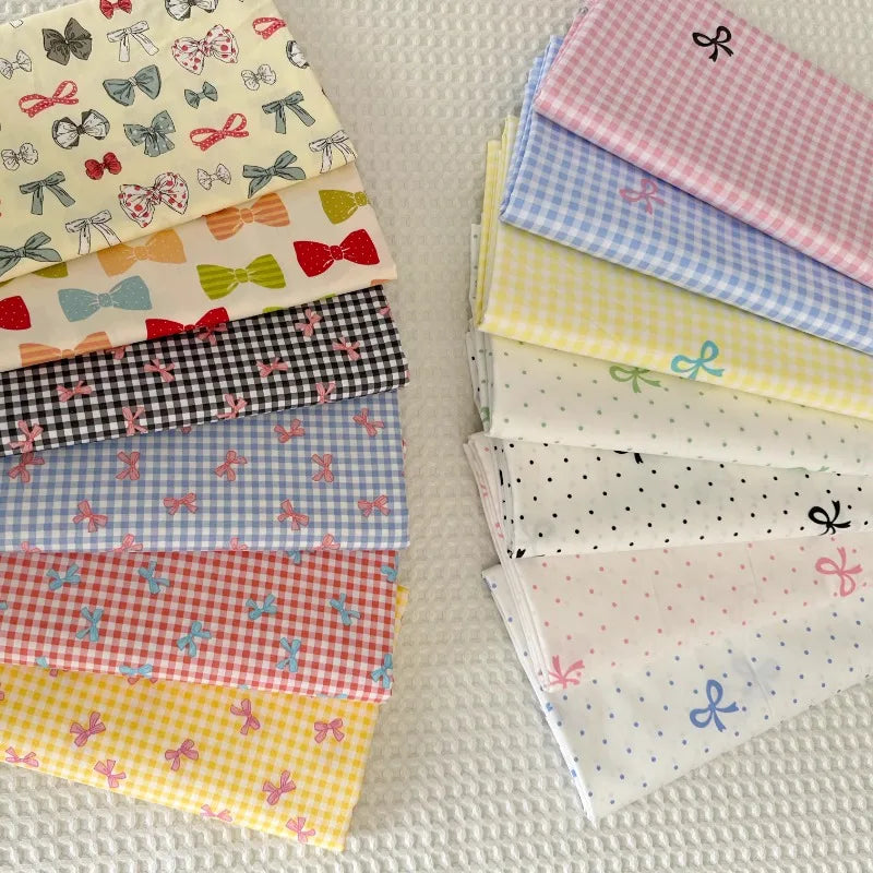 tissu popeline coton biodegradable 160x50cm moderne rayures diagonales points nœuds blanc bleu rose vert