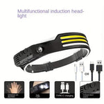 lampe frontale led rechargeable usb capteur ceinture ajustable noir jaune camping pêche extérieur moderne