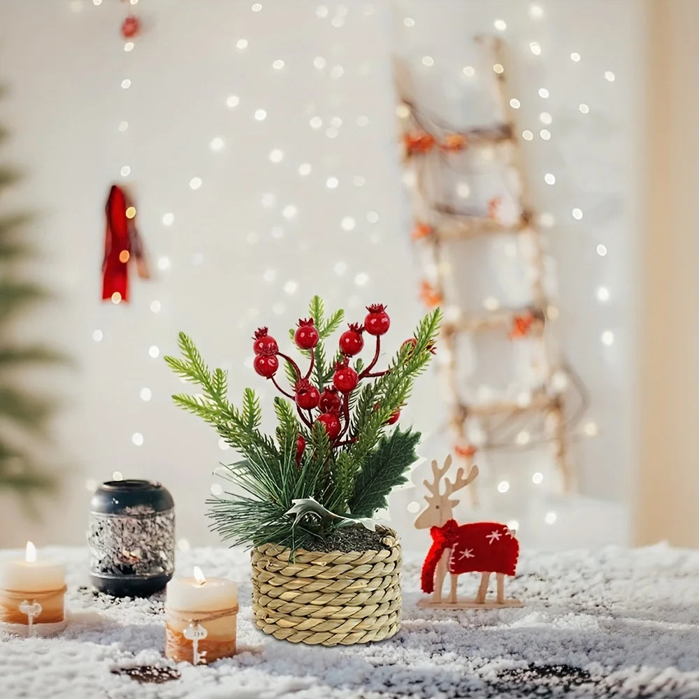 bouquet artificiel noël baies rouges cône pin feuilles vertes décoration intérieure