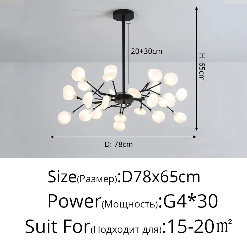 suspension lumineuse or blanc feuilles stylisées opalescente contemporaine 18 ampoules