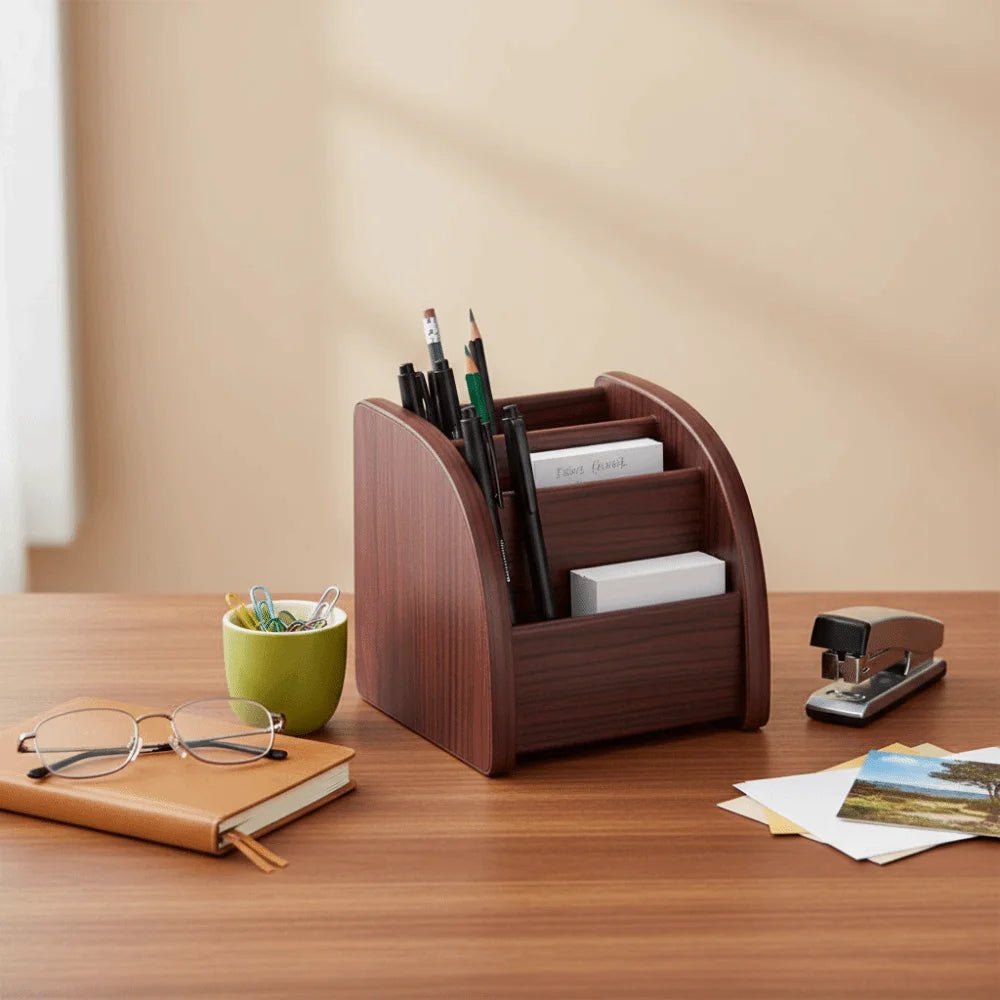 organisateur multifonction moderne bois marron compartiments rangement stylos crayons ciseaux calculatrice bloc notes minimalistestyle