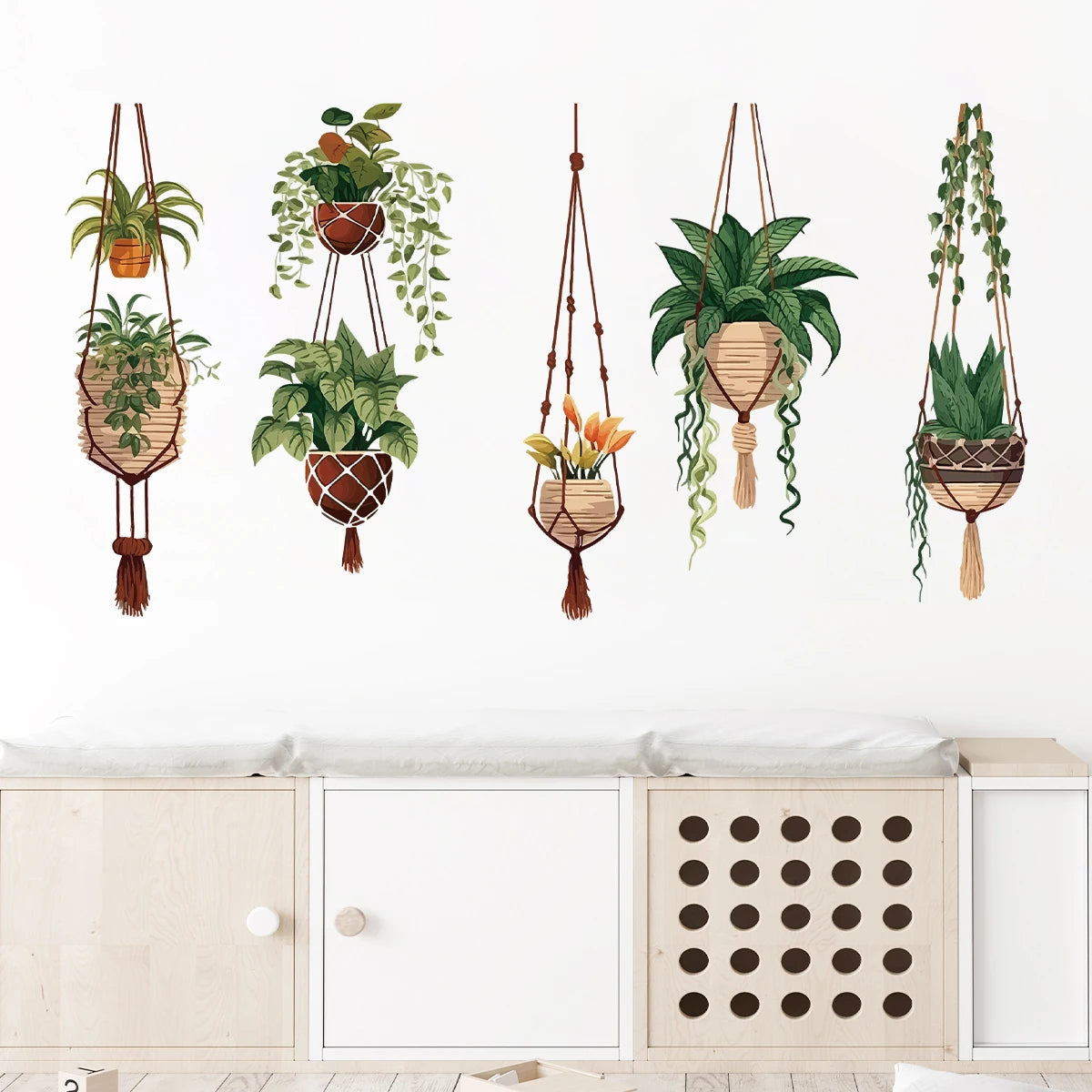 stickers muraux paniers suspendus macramé boho marron vert chambre enfant décoration intérieure tissé artisanal