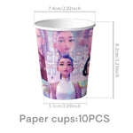 kit décoration anniversaire fille personnages dessin animé assiettes gobelets serviettes nappe guirlande rose violet