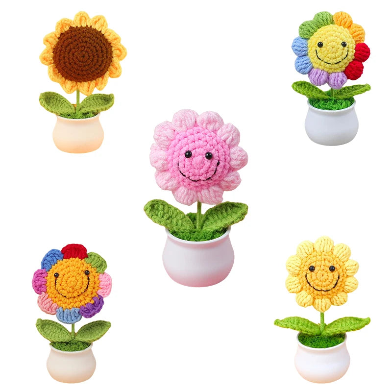 fleurs crochet rose jaune marron multicolore pot plastique décoration intérieure ornement créatif enfantin