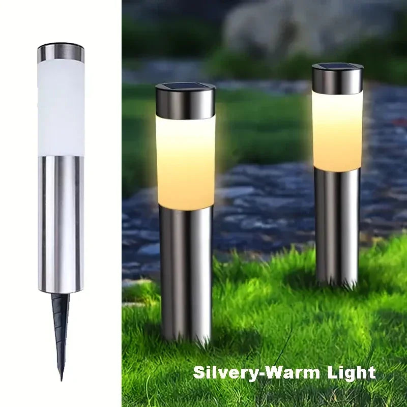 lampe solaire moderne led acier inoxydable imperméable jardin extérieur décoration gazon argenté blanc