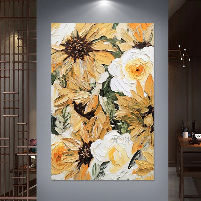 tableau abstrait impressionniste fleurs tournesols roses toile murale moderne sans cadre vertical huile