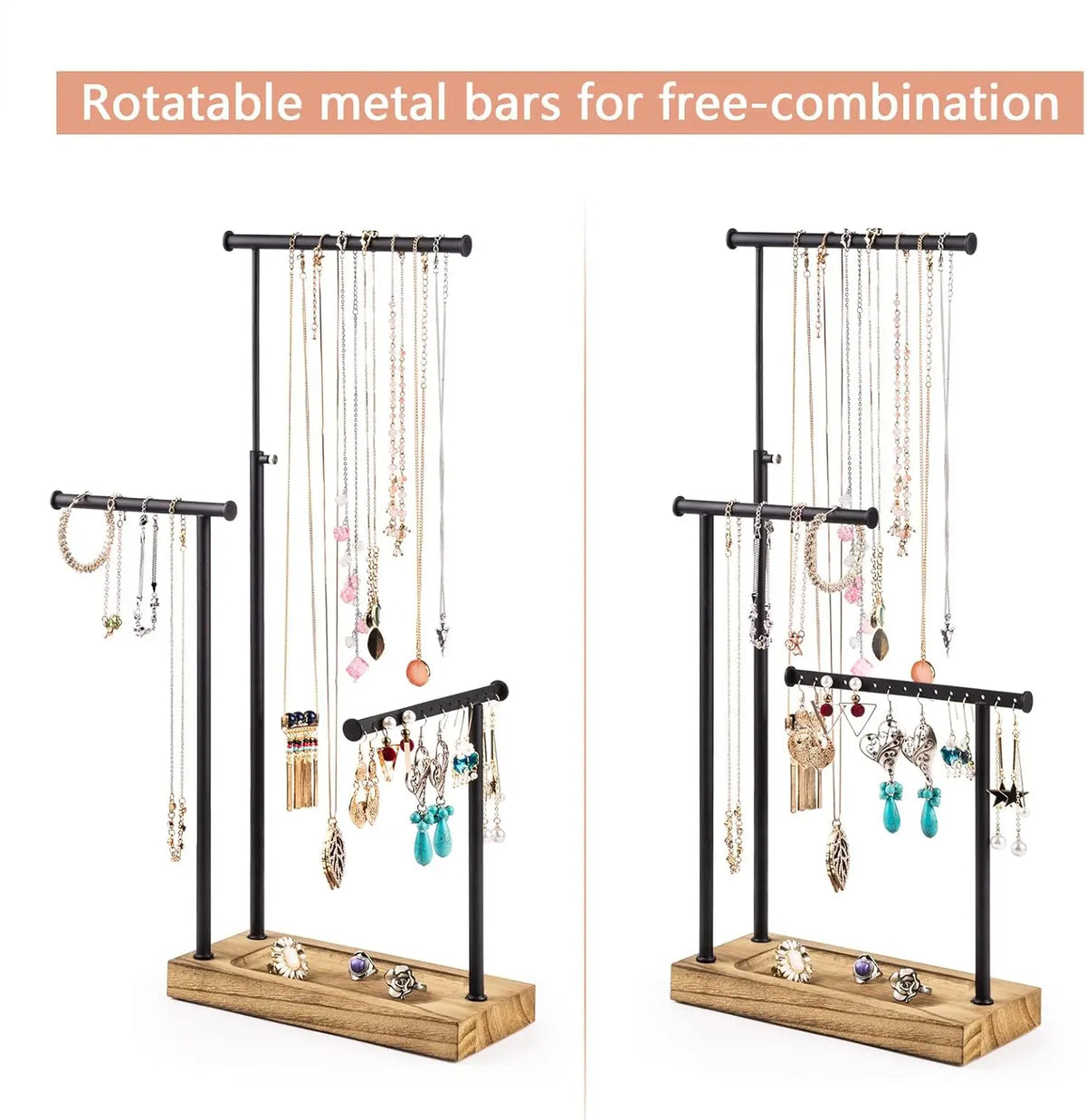 support bijoux moderne noir plateau bois boucles doreilles structure métallique haute qualité organisation industriel
