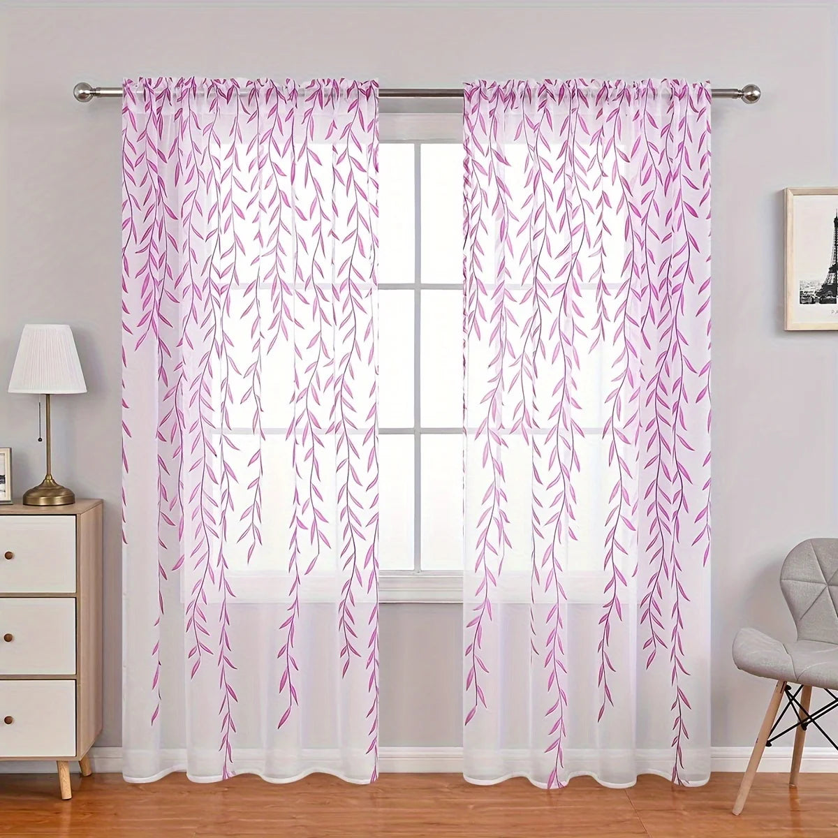 rideau moderne feuilles vertes blancs fenêtre maison 100% polyester deux pièces