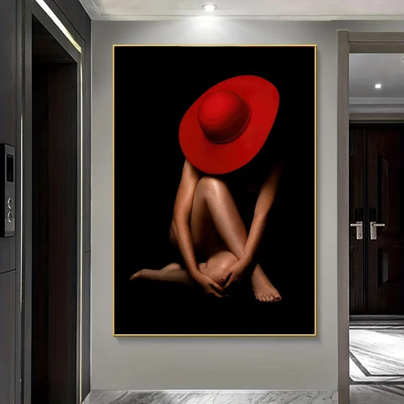 toile d'art contemporaine personnage féminin chapeau rouge noir sans cadre