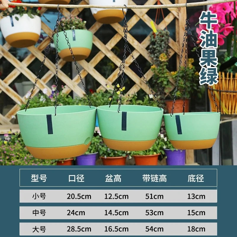 cache pot suspendu moderne vert pastel gris foncé blanc pot plastique chaînes métalliques minimaliste