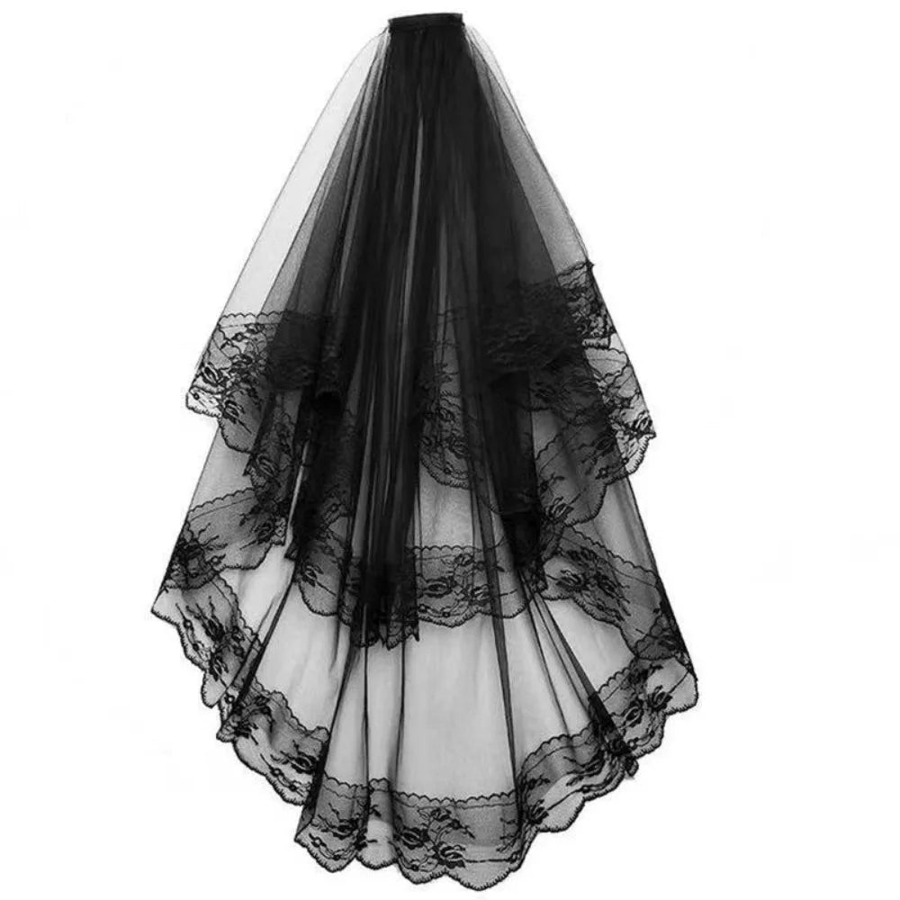 voile mariée dentelle noire blanche transparente classique élégante accessoire photo halloween fantôme double couche