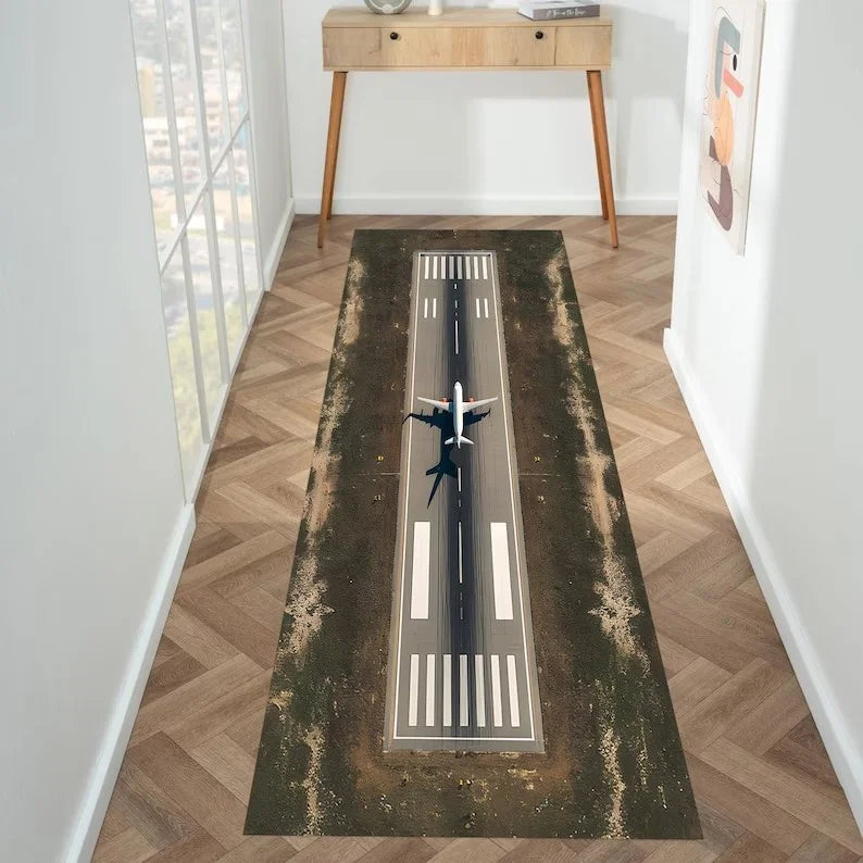 tapis piste aéroport motif course auto couleur noir jaune vert gris rouge blanc moderne