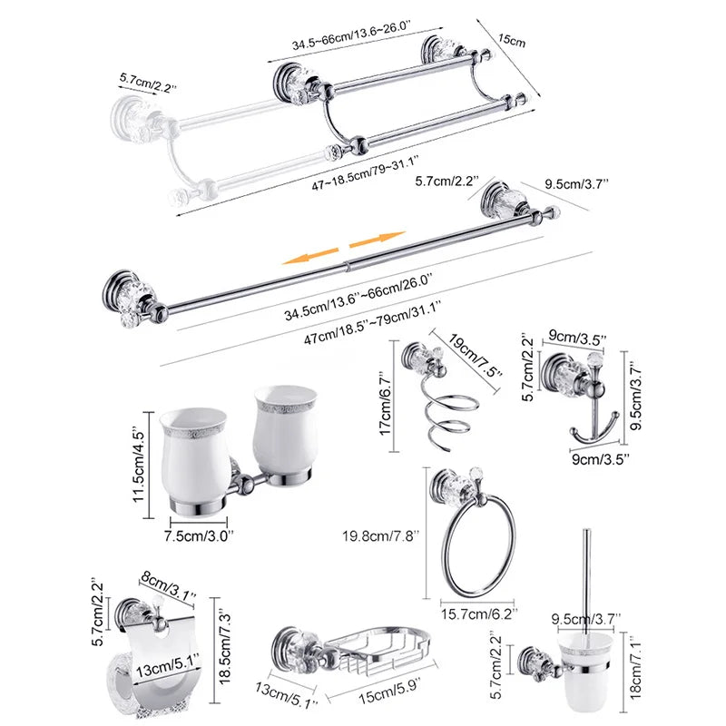 accessoires salle bain chrome cristaux motifs dorés porte savon dentifrice serviettes goblets sèche cheveux