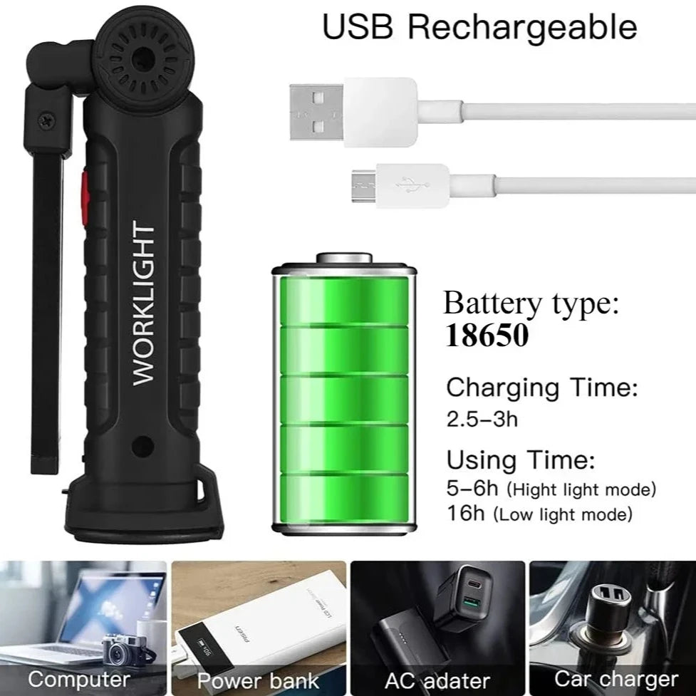 lampe travail rechargeable usb aimant noir lumiere led forte réglages luminosité camping auto défense