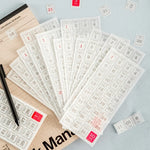 calendriers mensuels adhésifs blanc gris rouge numérotés mois spécifiques 205mm 85mm minimaliste fonctionnel