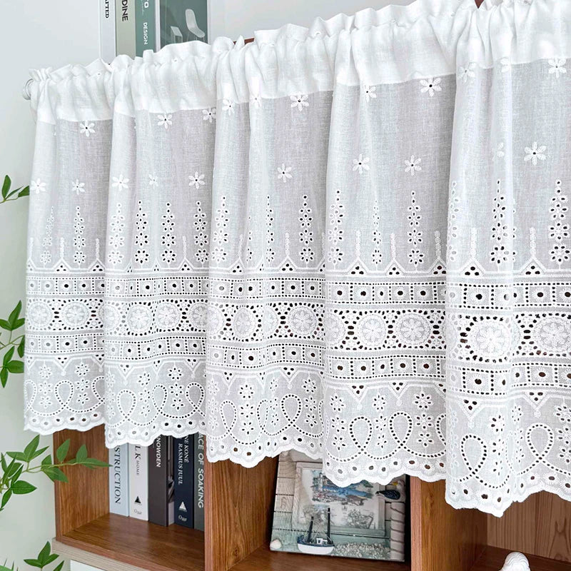 rideau valance blanc motif floral transparent vintage rustique chambre anneaux tringle inclusion éléments