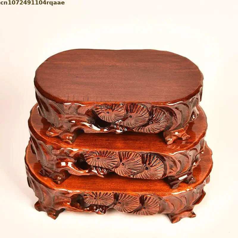 support bonsaï bois sculpté motifs floraux artisanal marron foncé unique présentation plante fleur