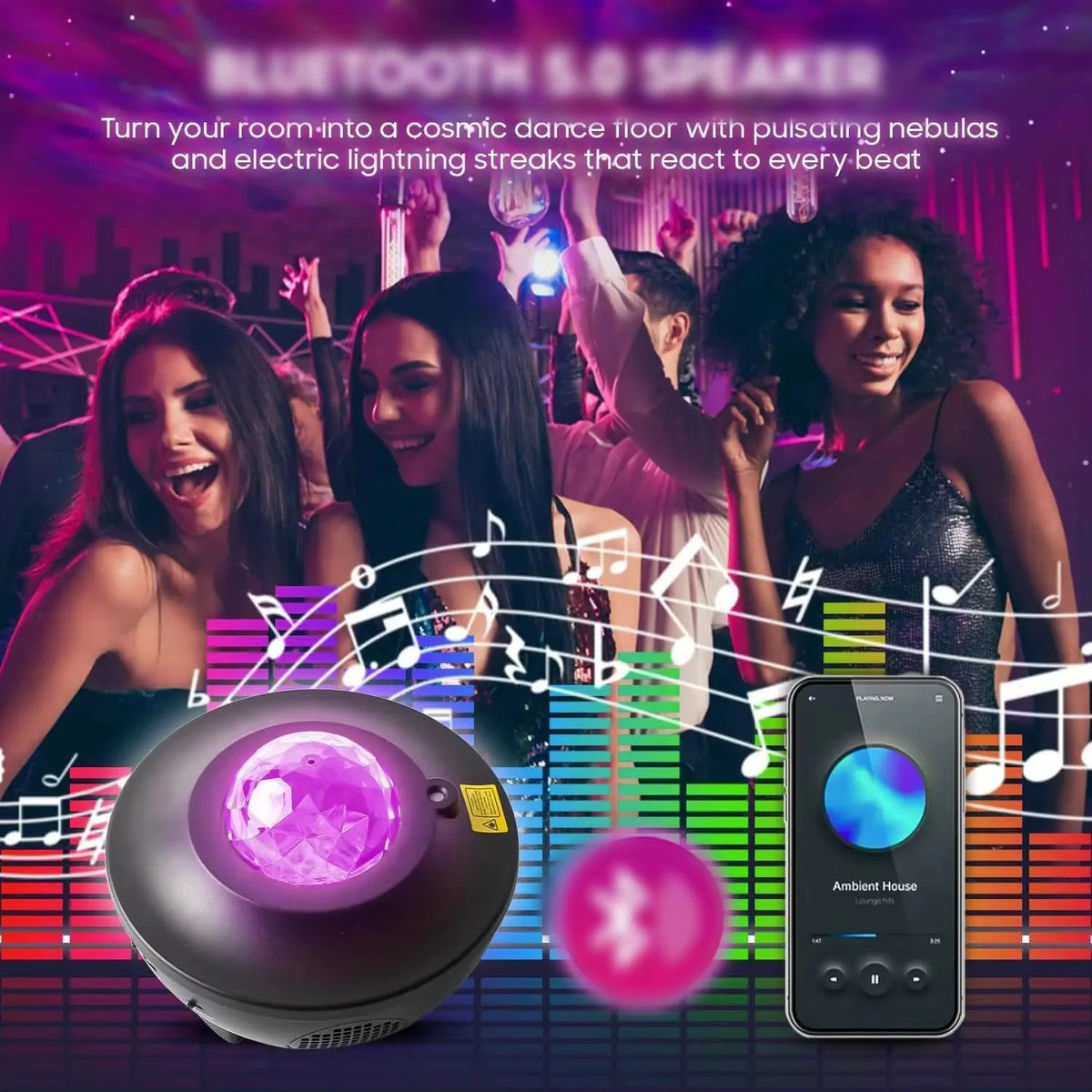 projecteur led noir transparent nébuleuse moderne télécommande bluetooth effets sonores relaxation fête