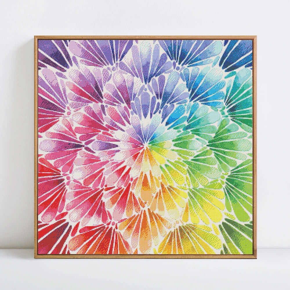 kit broderie fleur multicolore géométrique abstraite pointillé coton peinture 30x30cm 40x40cm 50x50cm instructions aiguilles