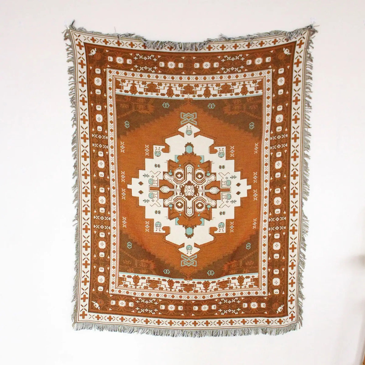 tapis boho floral franges crochet marron jaune beige rose vert