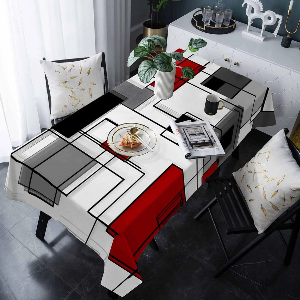 nappe table rouge noir blanche motif géométrique moderne réutilisable polyester maison festivités