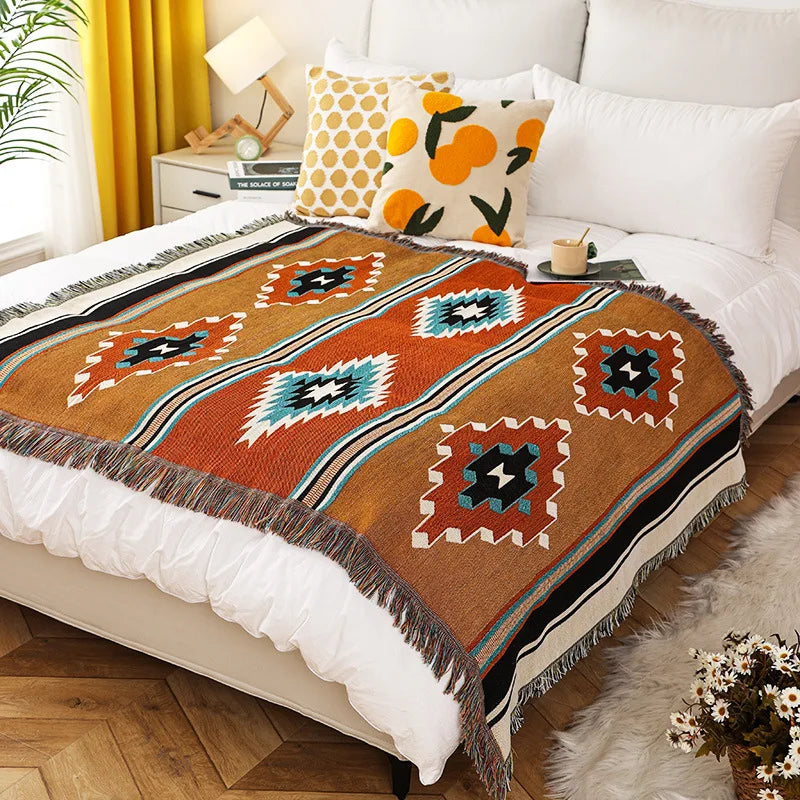 couverture géométrique polyester coton portable pique nique voyage maison avion ethnique aztèque orange noir