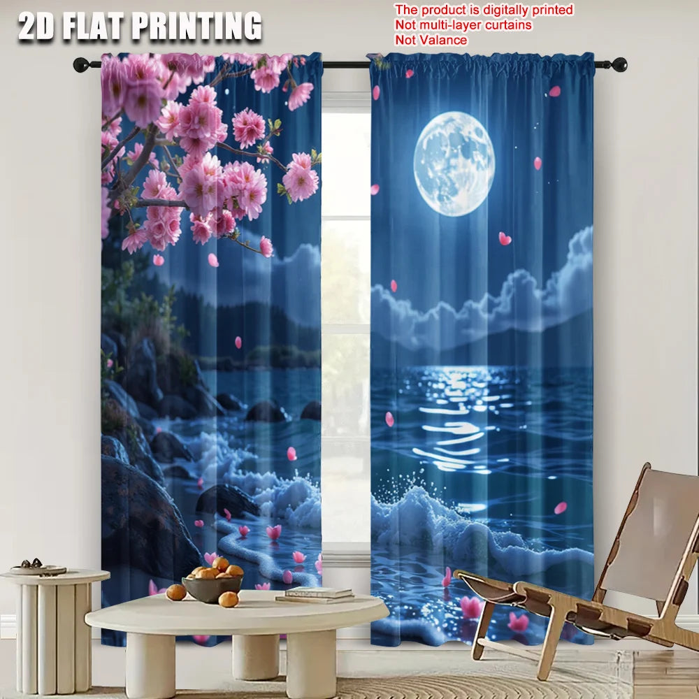 rideau fleurs cerisier lune nuages bleu nuit rose clair paysage nocturne polyester deux pièces