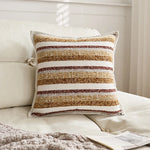 décoration intérieure coussin carré rayé moderne 100% polyester beige marron bleumarine blanc texture rugueuse