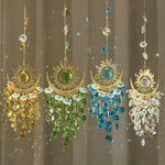 décoration murale boho chic or vert bleu jaune soleil lune translucides crochets chaîne