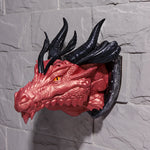 décoration murale tête dragon bouclier rouge or noir médiéval fantastique écailles détaillées rivets métalliques