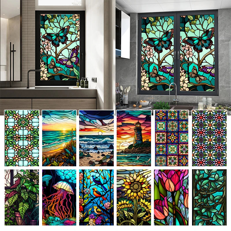 autocollant vitrail décoratif fleurs oiseaux paysage opaque adhésif statique pvc fenêtre isolation thermique