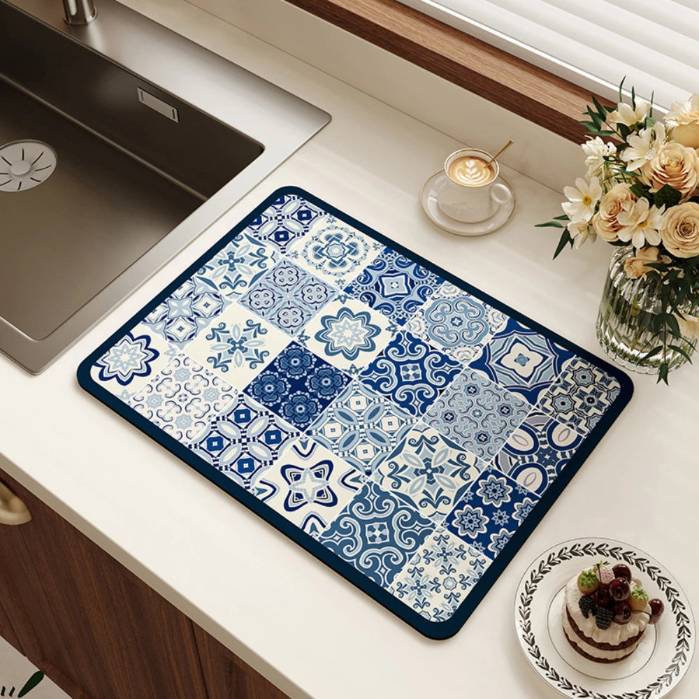 tapis cuisine absorbant motif géométrique décoratif antiderrapant séchage vaisselle moderne maison