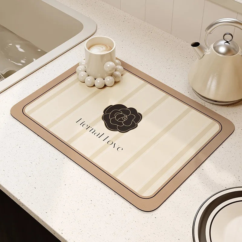 tapis cuisine séchage vaisselle diatomée rectangulaire motif fleurs moderne beige noir élégant