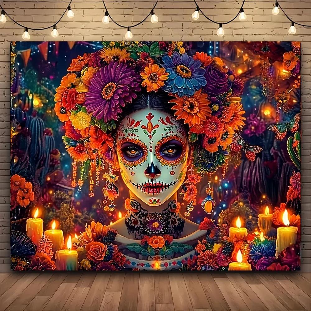 toile d'art multicolore fleurs crâne stylisé halloween décoration murale contemporaine festive rouge orange Jaune