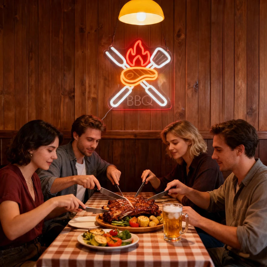 néon lumineux barbecue steak fourchette couteau flamme porc kebab rouge blanc moderne fixations murales