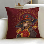 coussin anime sorcière rouge jaune noir illustration géométrique zip 45x45cm facile laver