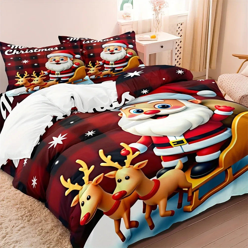 housse couette impression 3d rennes noël carreaux rouge oreillers drap plat simple double enfant