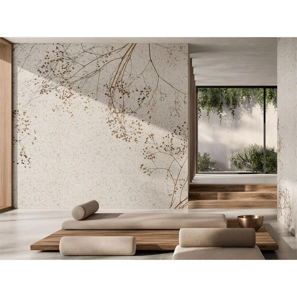 papier peint moderne plante branches fleurs salon chambre soie naturelle respectueux environnement