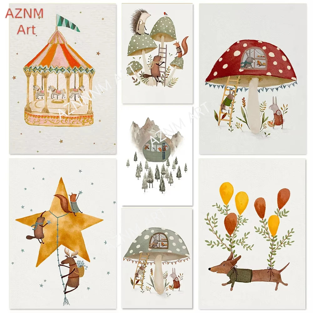 affiche toile dessin animé animaux champignons carrousel étoile décoration mur salon chambre enfant couleur