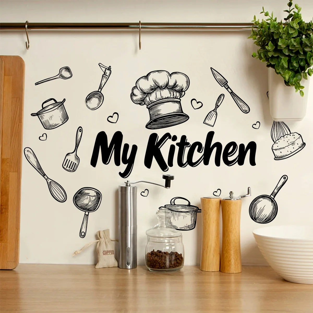 autocollant mural pvc noir ustensiles cuisine my kitchen dessin animé adhésif décoration maison