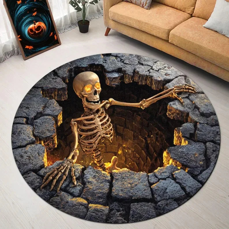 tapis rond moderne crâne squelettique motif géométrique gris noir multicolore 80x80cm 120x120cm