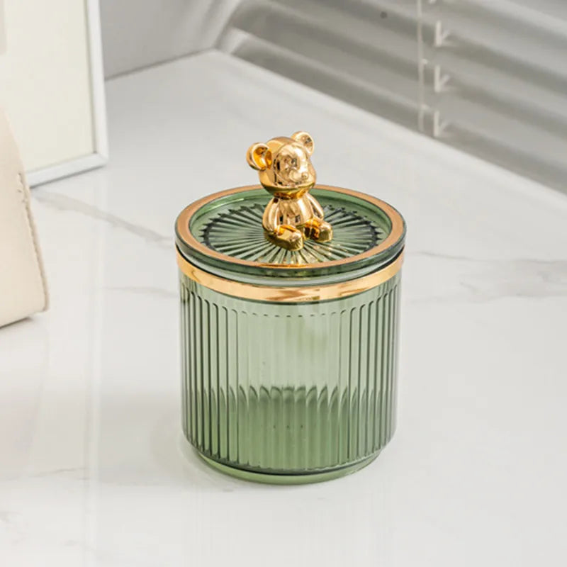 organisateur pot coton tige transparent vert gris moderne élégant rayures vertical