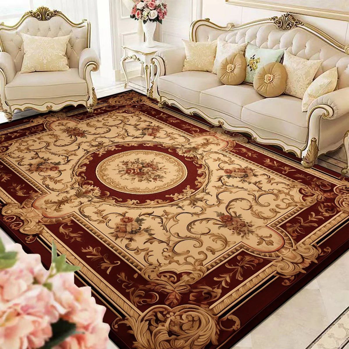 Un élégant tapis persan aux motifs floraux ornés de détails dorés, assorti à un mobilier de salon tout aussi raffiné, crée une atmosphère chaleureuse et sophistiquée dans cette pièce.