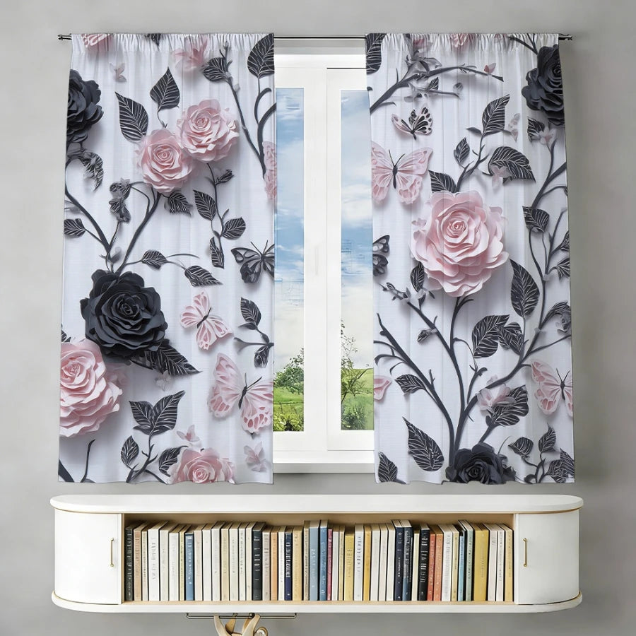 rideau moderne fleuri blanc rose noir floral 100 polyester dimension variable