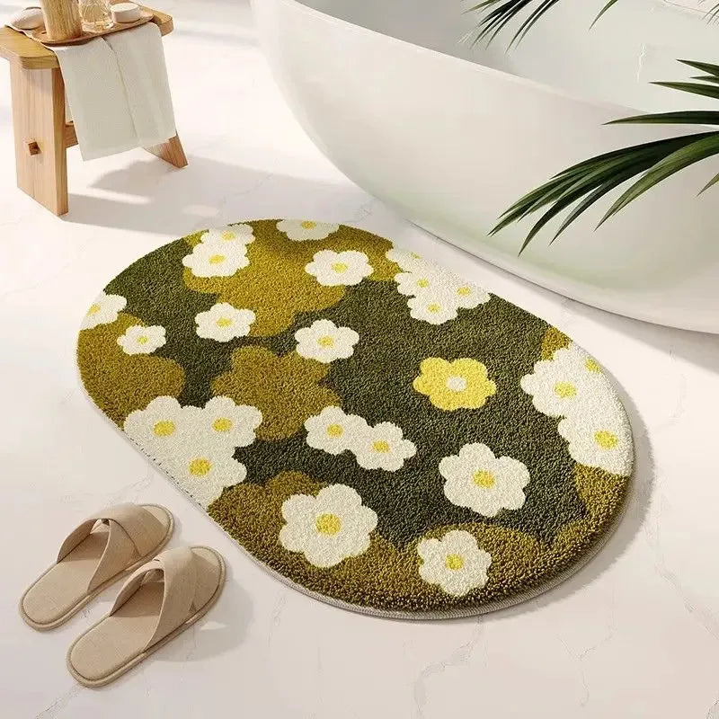 tapis bain moderne fleurs colorées résistant l'eau antidérapant vert blanc jaune rose bleu orange