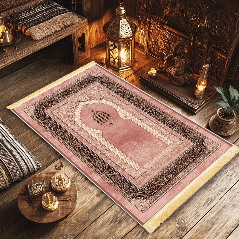 tapis prière islamique rose motifs floraux bordure dorée oriental résistant décoloration adaptable maison voyage
