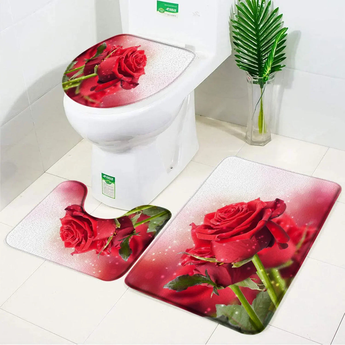 ensemble tapis bain salle bain rouge fleurs roses motif moderne coton doux décoratif