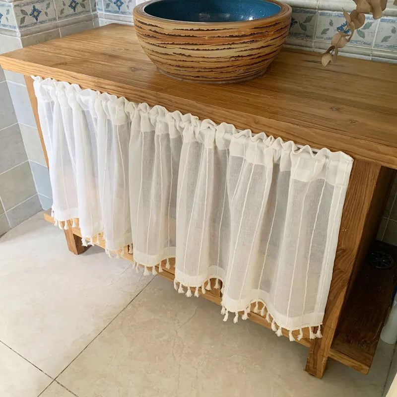 rideau voilage fenêtre bohème blanc cassé franges passe tringle semi transparent japonais