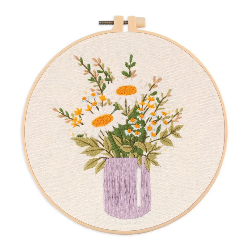 broderie fleur artisanale kit diy tissu coton couleurs vives instructions françaises anneaux bois