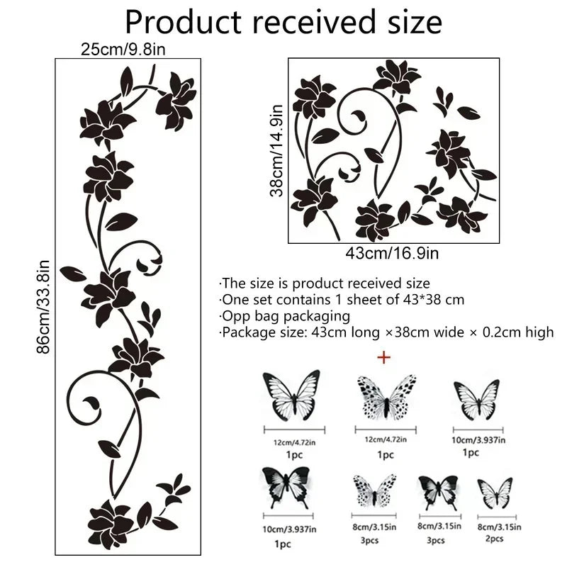 sticker mural 3d fleurs papillons noir moderne adhésif décoration intérieure